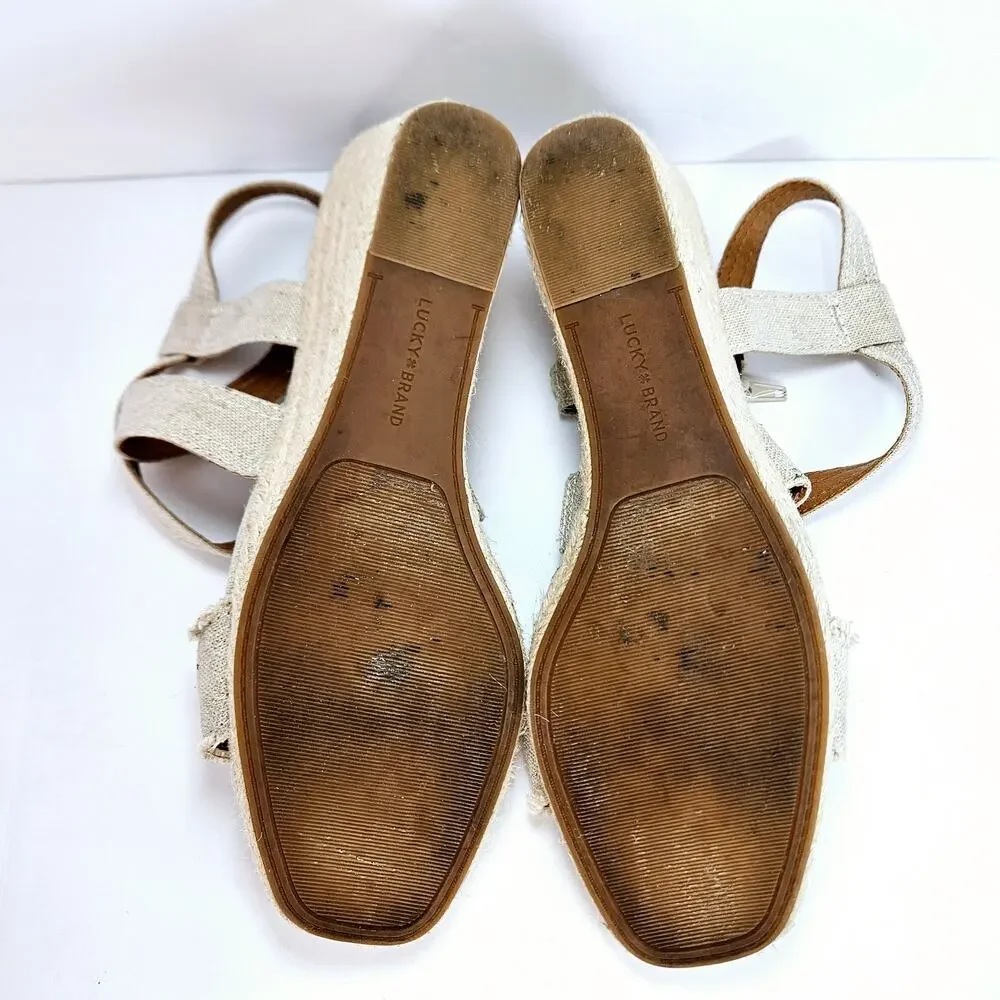 Lucky Brand Maeli Beige‎ Gold Strappy Espadrille Wedge Sandals Size 10M